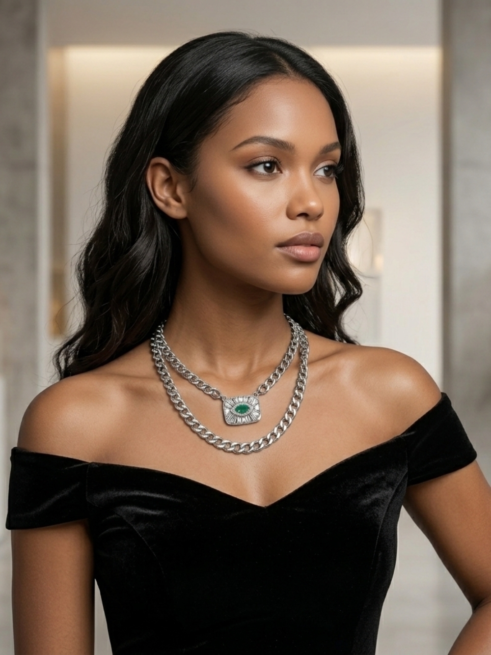Double-Layer Silver-Tone Chain Necklace with Green Stone Pendant
